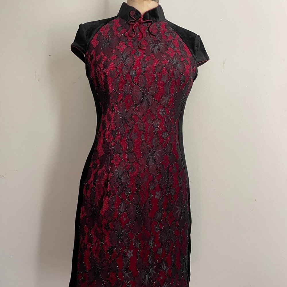 Black & Red Velvet and  Lace Cheongsam Style Dress